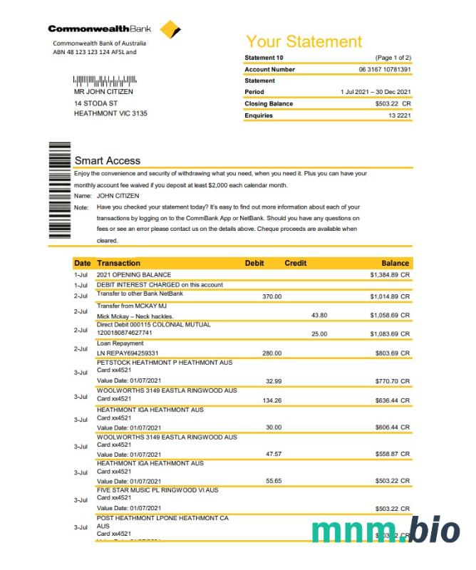 Szablon wyciągu bankowego z konta Australia Commonwealth w formacie Excel i PDF, w pełni edytowalny